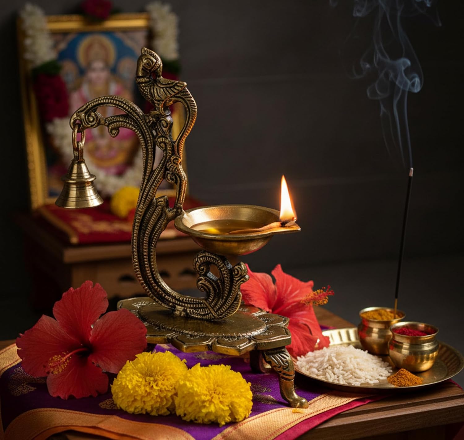 eSplanade - 8 - Peacock Diya with Bell - Lotus Shaped Round Brass Diya | Oil Lamp Deepam | Home Decor | Kuthu Vilakku | Oil Lamps for Home and Office